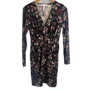 BCBGeneration NWOT Vneck‎ Faux Wrap Dress Black Floral Long Sleeves Sz XS